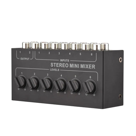 Six Channel Passive Stereo Mixer With RCA Inputs And Two Channel Output, Portable Audio Gear Distributor, front view