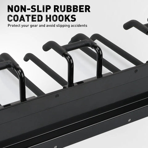 Non-slip rubber coated hooks of Heavy Duty 96 Inch Garage Tool Organizer Wall Mount Hooks Kit With 18 Pairs Built To Last 1460 Lbs Capacity Garden Tool Storage Rack For Garage Shed Yard And Workshop close-up view.