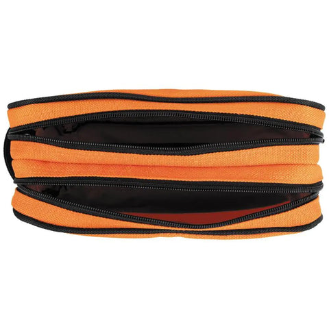 Top view of a Heavy Duty Tool Pouch With Dual Compartments For Quick Organization Of Meters Leads Sockets Wrenches And Small Parts In A Tough As Nails Multipurpose Tool Bag You Can Count On, showing orange 1680d fabric with open zippers.