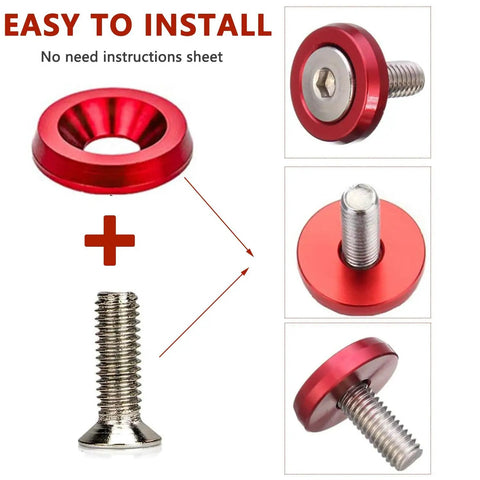 20 Piece Billet Aluminum Fender Washers Kit For Universal Engine Bay Dress Up, Durable Aluminum Alloy Bumper Washers With Included Bolts For Auto Customization, Sleek Lightweight And Rust Resistant Fastener Set, red washer and bolt close-up