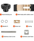 Universal Adjustable CNC Hold Down Clamps Kit With Pivoting Jaws components including nut, body, washers, spring, screw, and base.