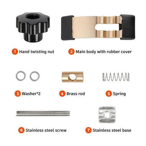 Universal Adjustable CNC Hold Down Clamps Kit With Pivoting Jaws components including nut, body, washers, spring, screw, and base.
