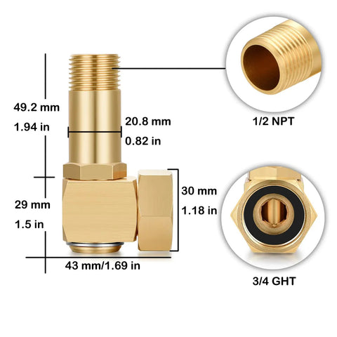 Brass Garden Hose Reel Swivel Elbow Connector Replacement Part Three Quarter Inch GHT To One Half Inch Rustproof Fittings With Washers Sealing Ring And Tape For Leak Free Built To Last Hose Reel Assembly, brass adapter with 3/4 GHT to 1/2 NPT