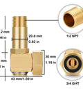 Brass Heavy Duty Garden Hose Reel Fitting 3/4 GHT Female To 1/2 NPT Male Swivel Elbow Adapter With Washers And Sealing Tape For Easy Leak Proof Garden Hose Connections, brass adapter with dimensions