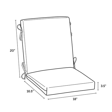 Diagram of All Weather Outdoor Midback Chair Cushion In Onyx Cebu, 18 x 16.5 inch seat pad and 18 x 20 inch back pad dimensions.