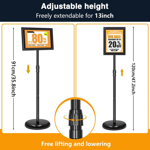 Two Pack Adjustable Floor Sign Stand 8.5 By 11 Inch Poster Holder with adjustable height and 360-degree rotating frame.