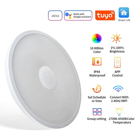 Smart Waterproof LED Flush Mount Ceiling Light With Bluetooth Speaker, 11 Inch 18W RGB Color Changing with features displayed