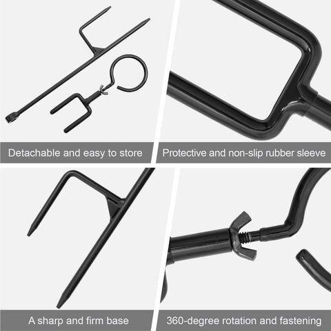 Beefy Bow Stake With 360 Degree Adjustable Rotating Fork And Arrow Ring, details of detachable components and rubber sleeve closeup.