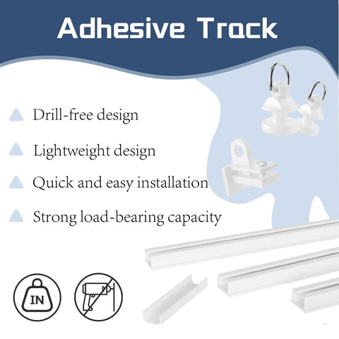 Self Adhesive Ceiling Curtain Track 10.9 Feet White No Screws No Drill Ceiling Mount Easy Peel And Stick Installation Works On Smooth Walls Curtain Track System For Drapes And Window Treatments, white track pieces and hooks