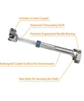 Steering column lower intermediate shaft with U-joint coupler, side view, metal with blue ring