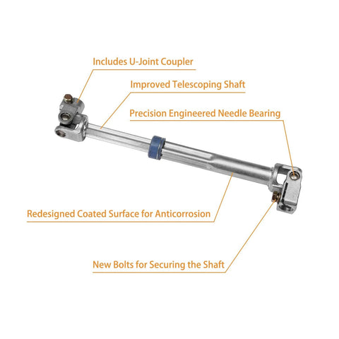 Steering column lower intermediate shaft with U-joint coupler, side view, metal with blue ring