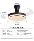 Retractable 40 Inch Black Ceiling Fan With Light And Remote, flush mount design with invisible acrylic blades, technical details included.