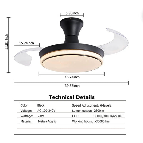 Retractable 40 Inch Black Ceiling Fan With Light And Remote, flush mount design with invisible acrylic blades, technical details included.