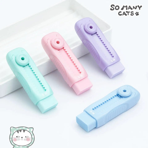 4 Pack Cute Retractable Eraser Set For Kids With Push Pull Design, Sliding Pencil Erasers in Pastel Purple Pink Blue Green
