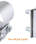 Beefy Stainless Steel 2.5 Inch Butt Joint Exhaust Clamp Set For Pipe To Pipe Connections Heavy Duty Clamp Pair visible from side angle
