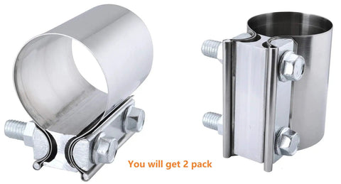 Beefy Stainless Steel 2.5 Inch Butt Joint Exhaust Clamp Set For Pipe To Pipe Connections Heavy Duty Clamp Pair visible from side angle