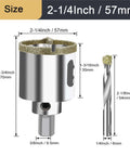 Front and side views of ASNOMY 2-1/4 inch diamond hole saw with pilot drill bit and diamond-coated edge.