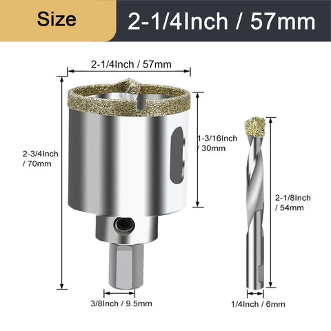 Front and side views of ASNOMY 2-1/4 inch diamond hole saw with pilot drill bit and diamond-coated edge.