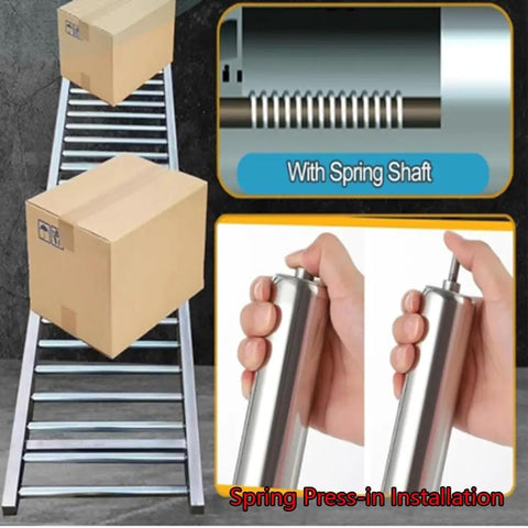 Heavy Duty Gravity Conveyor Rollers Steel Tube 2 Inch Diameter By 10 Inches Long Pack Of Three demonstrating easy installation with spring shaft.