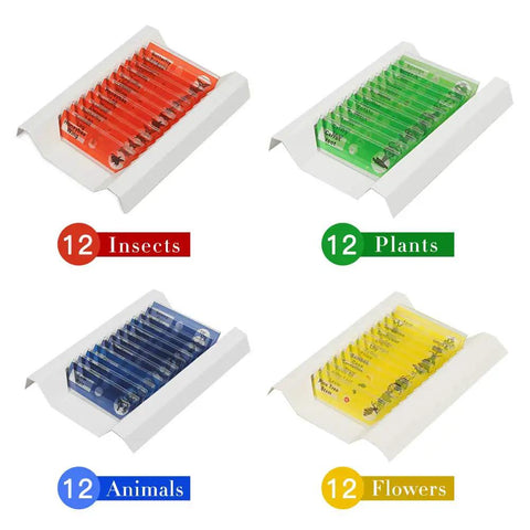 Ready To Go 48 Prepared Microscope Slides Set With Animals Insects Plants And Flowers For Kid Friendly Beginners displayed.