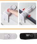 4 Pack Kid Safe Cabinet Locks Peel And Stick Drawer Latches No Drill Child Proof Clips quick release mechanism demonstrated on drawer.