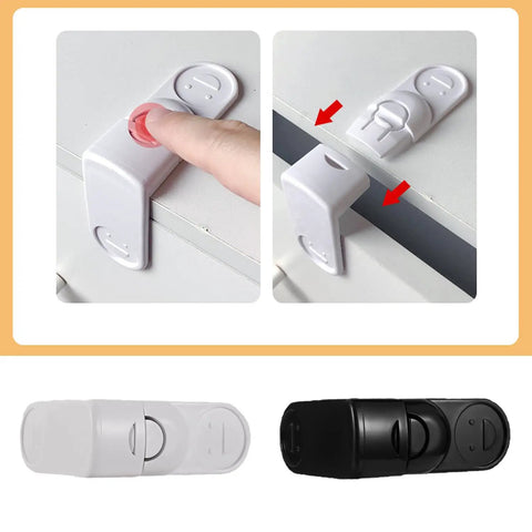 4 Pack Kid Safe Cabinet Locks Peel And Stick Drawer Latches No Drill Child Proof Clips quick release mechanism demonstrated on drawer.