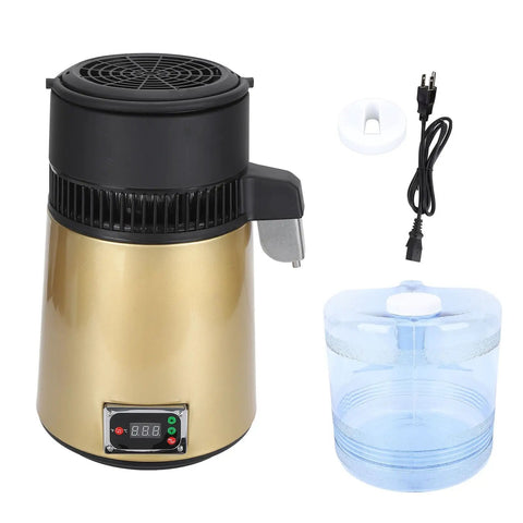 Smart Four Liter Automatic Water Distiller Featuring Heavy Duty Stainless Steel Chamber And 750W Heater For Straight Up Pure Drinking Water In Any Home Or Office Setup Zero Fuss Auto Shut Off Design with blue reservoir.