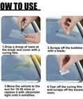 Step-by-step instructions for Pro Windshield Crack Repair Kit With Upgraded 2026 Resin, showing application and curing process.