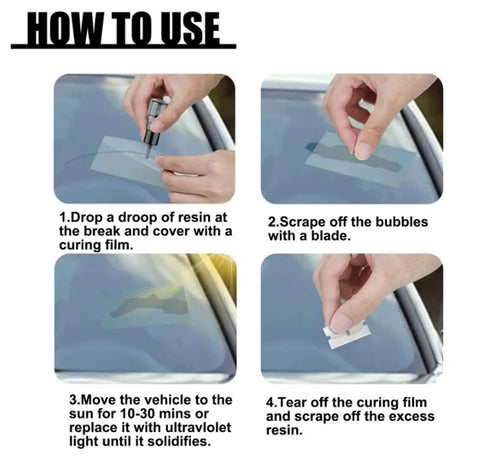 Step-by-step instructions for Pro Windshield Crack Repair Kit With Upgraded 2026 Resin, showing application and curing process.