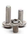 Top Shelf Heavy Duty 304 Stainless Steel Tapping Screws With Phillips Round Head And Cushion Washer Pad Rock Solid Corrosion Resistant Self Threading Fasteners For Tough Wood Or Metal DIY Jobs 100 Piece Set displayed, showing three screws with round heads.