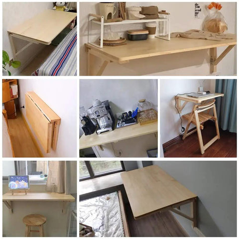 Fold Away Wall Table In Natural Wood, 31.4 By 23.6 Inches, space-saving wall-mounted table for kitchens and workshops