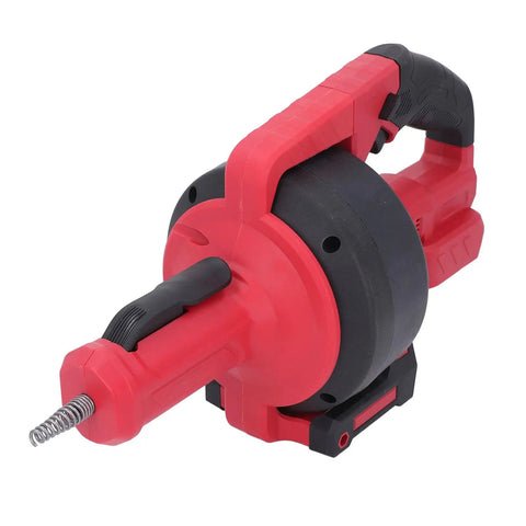 Cordless Electric Drain Auger Knocks Out Nasty Drain Clogs Fast With 23 Foot Flexible Spiral Cable, red and black design, portable tool.