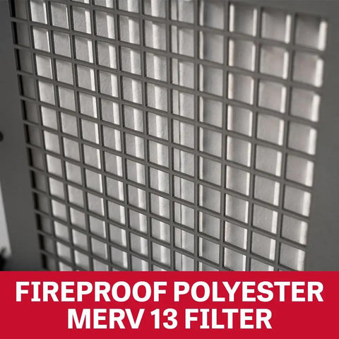 Fireproof polyester MERV 13 filter for air purification in a benchtop metalworking dust collector.