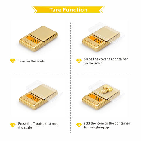 Mini Pocket Scale 100g 0.01g Digital Gram Scale With Cover showing tare function steps and weighing process with gold finish.