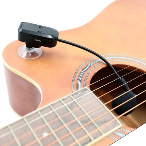 2.4G Cordless Guitar Microphone System for acoustic and classical guitars on guitar body with 360° adjustable pickup