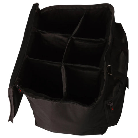Heavy Duty Black Drum Hardware Gig Bag With Slick Foam Padding And Adjustable Divider Percussion Accessory Case open with interior dividers.