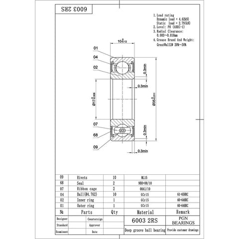 Technical drawing of 6003 2RS Chrome Steel Sealed Ball Bearings with dimensions and material specifications.