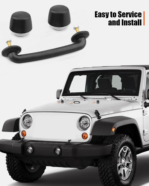 Close-up view of front windshield hold-down bracket and rubber hood bumper with bolts for Jeep Wrangler JK/TJ
