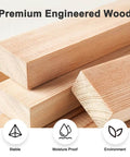 Stack of premium engineered wood planks labeled as stable, moisture proof, and environmentally friendly.