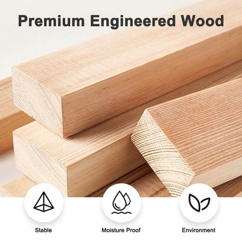 Stack of premium engineered wood planks labeled as stable, moisture proof, and environmentally friendly.