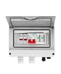 Hella Weatherproof Solar PV DC Combiner Box Featuring Badass Lightning Surge Protection Plus 50 Amp MCB Fuses Rated For 600 Volt DC Arrays with open lid.