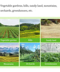 Collage of landscapes: vegetable gardens, hills, sandy land, mountains, orchards, and greenhouses.