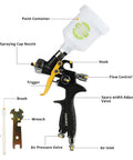 Hvlp Mini Spray Gun With 0.8 Mm Nozzle And 125Cc Gravity Feed Cup showing parts like trigger and flow control valve for precise use.
