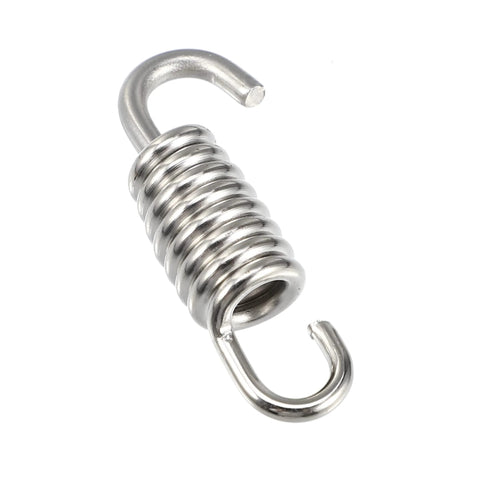 Exhaust pipe spring, stainless steel, close-up view showing hooked ends for motorcycles