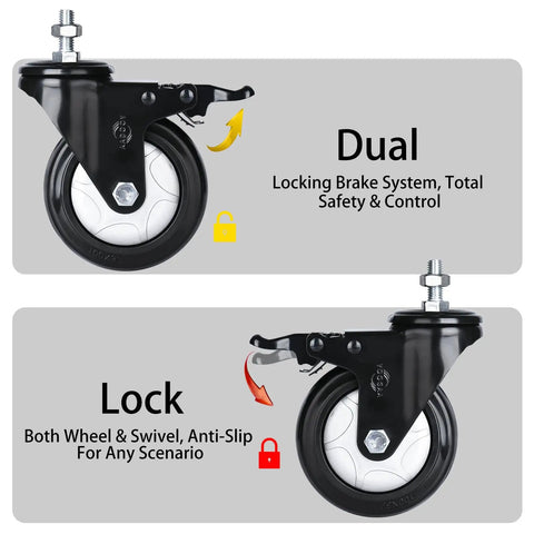 Rock Solid Five Inch Polyurethane Swivel Caster Wheels Set Of Four With M10 Threaded Stem showing dual locking brake system features.