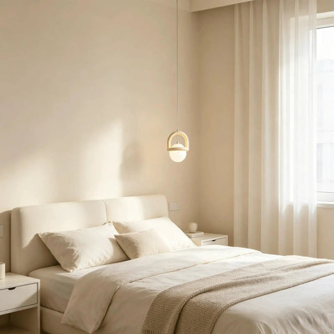 HLRCB Indoor Pendant Light, Cream White, Globe Shade Suspended Mount hanging above a light-colored bed in a serene bedroom.
