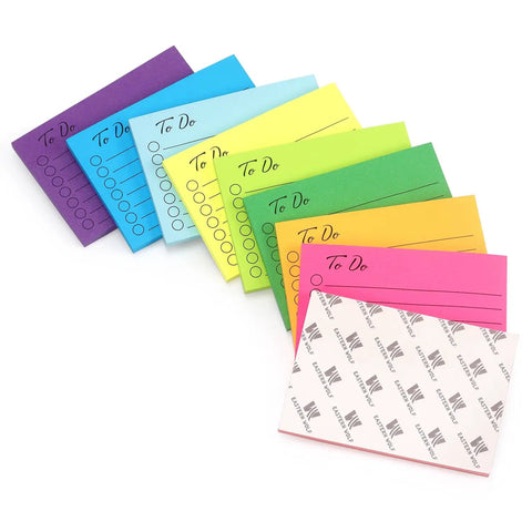 Colorful 3x4 Inch Lined Sticky Notes Pack With Nine Pads And Fifty Sheets Each, displayed in a fanned layout showing bright colors.