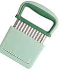 Green stainless steel crinkle cutter with protective case and handle for vegetables
