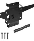 Heavy Duty Self Locking Gate Latch for Pool and Garden Gates, Weatherproof Black Finish, screws and latch components shown.