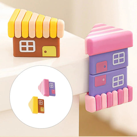 Colorful house-shaped table corner guards for safety. Decorative bumpers on table corner preventing injury